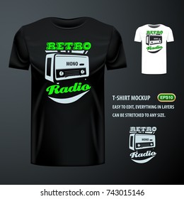 Vintage t-shirt with stylish Retro Radio. Editable mock up