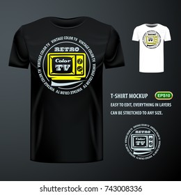 Vintage t-shirt with stylish Retro TV. Editable mock up