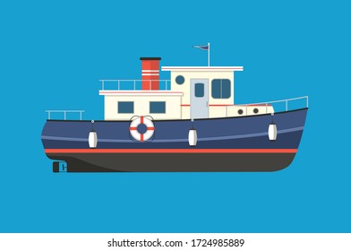 Ilustración vectorial plana de remolcador vintage. Barco de motor para navegar, pescar, hacer pesca de arrastre, crucero.