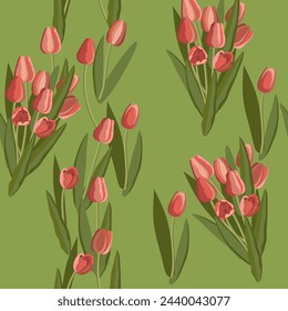 Vintage tulip seamless pattern of bright flowers and leaves. Tulip plant. Hand-drawn spring pink flowers. Beautiful flat colorful seamless pattern on a green backdrop. Floral Vector illustration. 