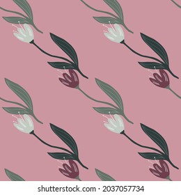 Vintage tulip seamless pattern on pink background. Nature wallpaper. For fabric design, textile print, wrapping, cover. Retro vector illustration.