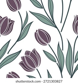 Patrón de azulejos sin fisuras de tulipán de Antiguas con tonos púrpuras antiguos y verdes apagados perfecto para el concepto de salas de estar clásicas como tonos púrpuras antiguos y verdes apagados crean un patrón de azulejos sin fisuras vintage para salas de estar clásicas en Foto de archivo Concepto y espacio vacío en el lado izquierdo, sin texto --ar 7:2 --tile
