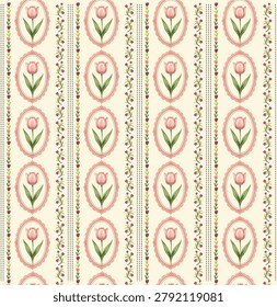 Vintage Tulip Stripe Seamless Pattern, Romantic Cottagecore Floral Background with Pink Botanical Frames