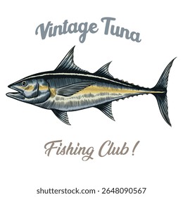 Vintage Tuna Fish Illustration – Retro Fishing Club Logo Design