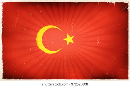 Vintage turkey Flag Poster Background/
Illustration of a turkey country flag poster, with red background, yellow star and crescent moon, vintage design, grunge textures and sunbeams