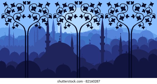 Vintage turkish city Istanbul landscape illustration
