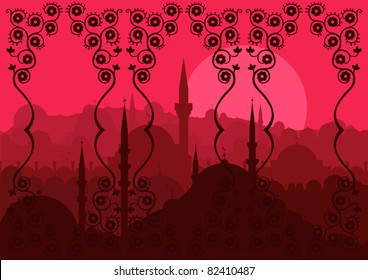 Vintage turkish city Istanbul landscape illustration