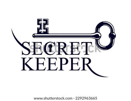 Vintage turnkey isolated on white, vector logo or sign symbolized kept secret, personal data protection, antivirus internet security.