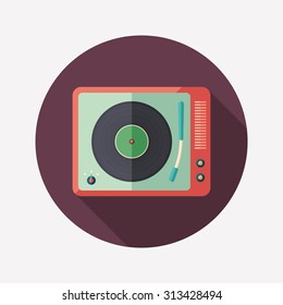 Vintage turntable flat round icon with long shadows.