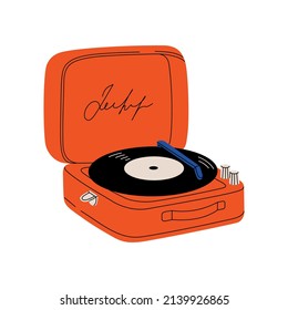 Vintage turntable. Music player for vinyl records. Red retro music concept. Hand drawn colorful vector illustration isolated on white background in modern trendy flat cartoon style.