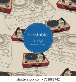 Vintage turntable. Record player vinyl record. Music, song symbol. Hand-drawn sketch seamless pattern. vector illustration