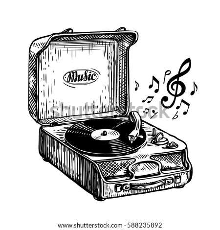 Vintage turntable. Record player vinyl record. Music, song symbol. Hand-drawn sketch vector illustration