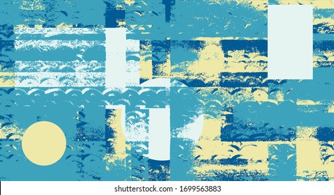 Vintage turquoise distressed template in geometric japanese modern grungy style. Abstract background with asian vector fish scales, waves pattern
