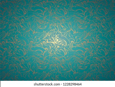 Vintage turquoise with gold background with floral elements and darkening to the edges in Gothic style. Royal texture, vector Eps 10