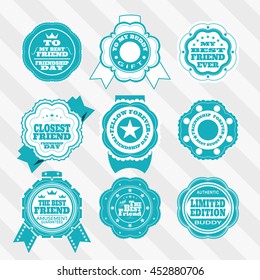 Vintage turquoise and white labels vector set for Friendship Day. Retro turquoise and white stamps vector set for happy Friendship Day.