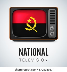 Vintage TV and Flag of Angola as Symbol National Television. Tele Receiver with Angolan flag