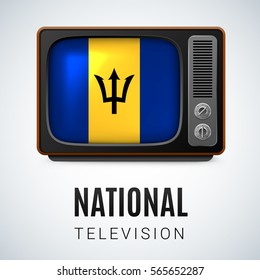 Vintage TV and Flag of Barbados as Symbol National Television. Button with Barbadian flag