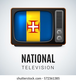 Vintage TV and Flag of Madeira as Symbol National Television. Tele Receiver with flag colors