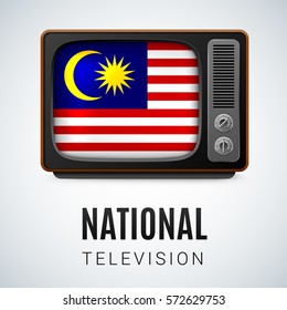 Vintage TV and Flag of Malaysia as Symbol National Television. Tele Receiver with Malaysian flag