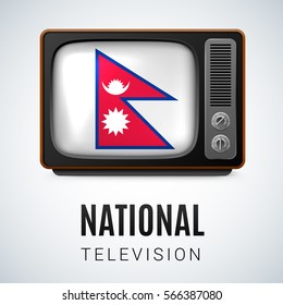 Vintage TV and Flag of Nepal as Symbol National Television. Button with Nepalese flag