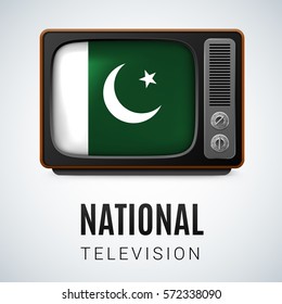 Vintage TV and Flag of Pakistan as Symbol National Television. Tele Receiver with Pakistani flag