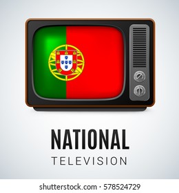 Vintage TV and Flag of Portugal as Symbol National Television. Tele Receiver with Portuguese flag