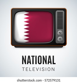 Vintage TV and Flag of Qatar as Symbol National Television. Tele Receiver with Qatari flag