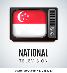 Vintage TV and Flag of Singapore as Symbol National Television. Tele Receiver with Singaporean flag