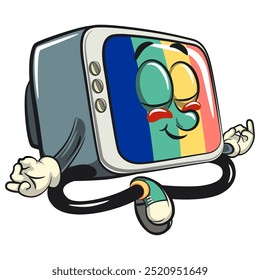 Vintage TV Monitor Cartoon Personaje Mascota Retro Vector Diseño Meditación, trabajo de dibujado a mano