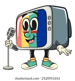 vintage tv monitor cartoon character mascot retro vector design in front of the mic become a stand up comedian, work of hand drawn