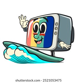 vintage tv monitor cartoon character mascot retro vector design surfing happily, work of hand drawn