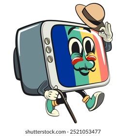 vintage tv monitor cartoon character mascot retro vector design carrying a stick and saluting with raised hat, work of hand drawn