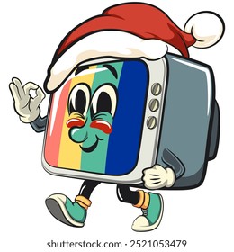 vintage tv monitor cartoon character mascot retro vector design walking while wearing a Santa hat calmly, work of hand drawn