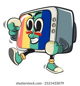 vintage tv monitor cartoon character mascot retro vector design practicing boxing wearing boxing glove, work of hand drawn