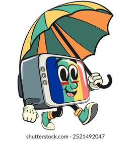 vintage tv monitor cartoon character mascot retro vector design walking with an umbrella, work of hand drawn