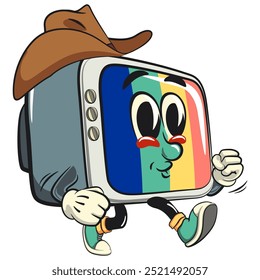 vintage tv monitor personagem mascote personagem retro vetor design vestindo um chapéu de cowboy andando calmamente, trabalho de mão desenhada