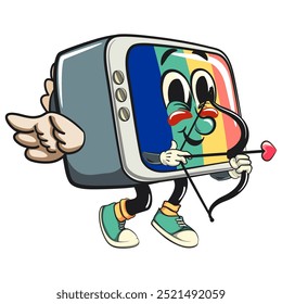 vintage tv monitor cartoon character mascot retro vector design become a cupid with angel wings and the arrow of love, work of hand drawn