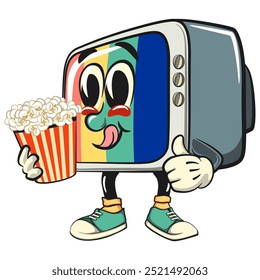 vintage tv monitor cartoon character mascot retro vector design brought a bucket of popcorn, work of hand drawn