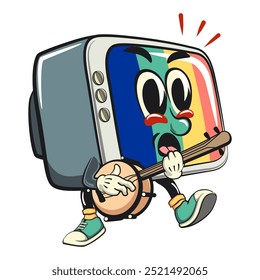 Vintage TV Monitor Cartoon Personaje Mascota Diseño de Vector retro Tocando el instrumento musical Banjo, trabajo de dibujado a mano