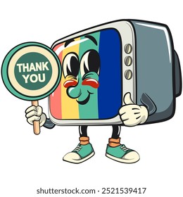 vintage tv monitor cartoon character mascot retro vector design carrying a sign saying thank you, work of hand drawn