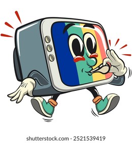 vintage tv monitor personagem mascote personagem retro vetor design está soprando o apito, trabalho de mão desenhada