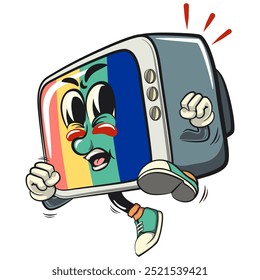 vintage tv monitor cartoon character mascot retro vector design enthusiastically jumping and kicking, work of hand drawn