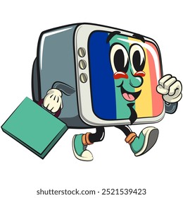 vintage tv monitor cartoon character mascot retro vector design wearing a tie and carrying a suitcase rushing to the office, work of hand drawn