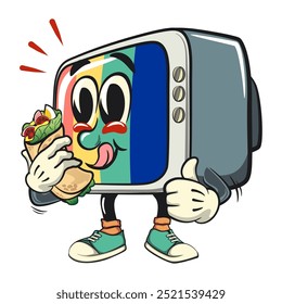 vintage tv monitor cartoon character mascot retro vector design carrying a burritos while giving a thumbs up, work of hand drawn