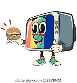 vintage tv monitor cartoon character mascot retro vector design carrying a burger while giving a thumbs up, work of hand drawn