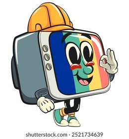 vintage tv monitor cartoon character mascot retro vector design wear a construction worker's helmet, work of hand drawn