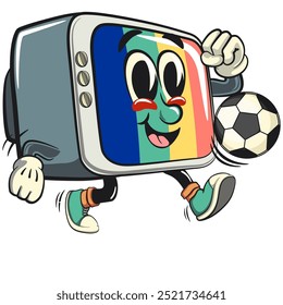 vintage tv monitor personagem mascote personagem retro vetor design jogando futebol futebol futebol, trabalho de mão desenhada