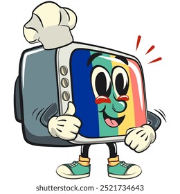 vintage tv monitor cartoon character mascot retro vector design as chef give thumbs up, work of hand drawn