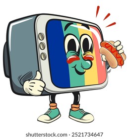 vintage tv monitor personagem de desenho animado mascote retro vetor design com hotdog, trabalho de mão desenhada