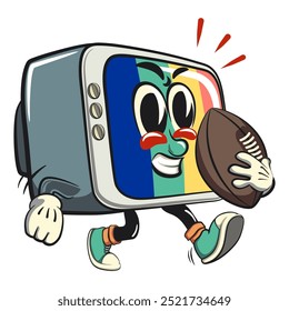 vintage tv monitor cartoon character mascot retro vector design playing rugby and american football, work of hand drawn